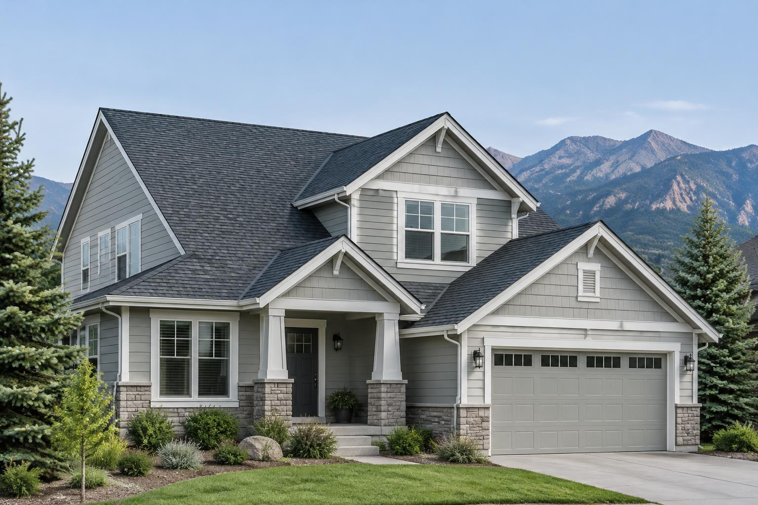 Representative Colorado home with a charcoal shingle roof and Front Range mountains